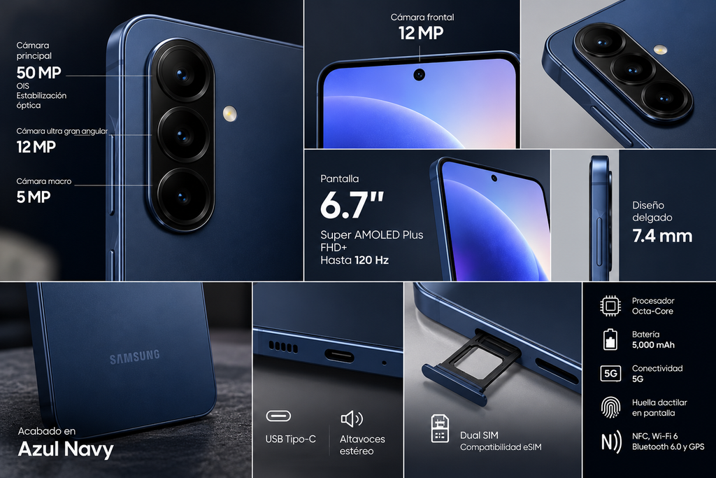Samsung Galaxy A57 5G Azul Navy con detalles de cámara, pantalla y diseño