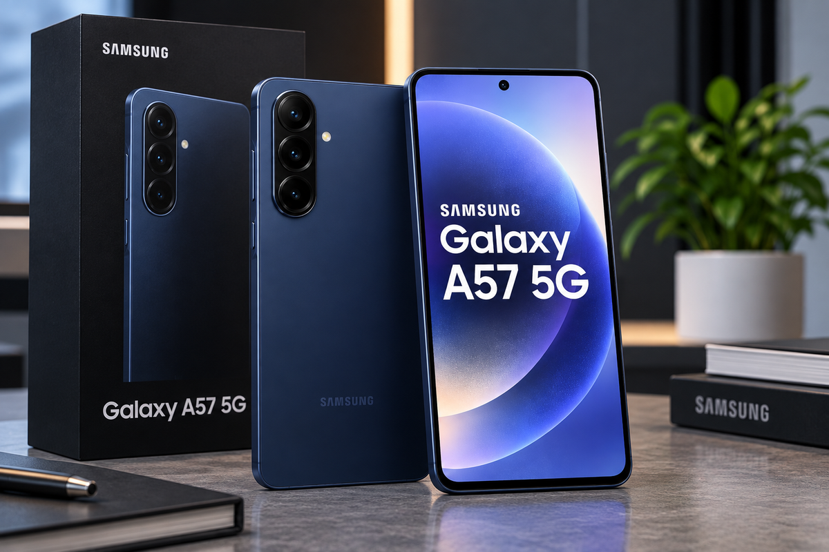 Samsung Galaxy A57 5G Azul Navy en presentación premium