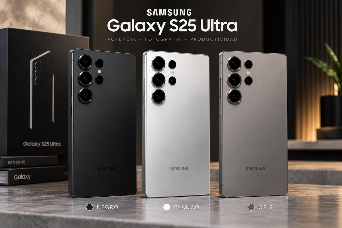 Samsung Galaxy S25 Ultra en colores negro, blanco y gris