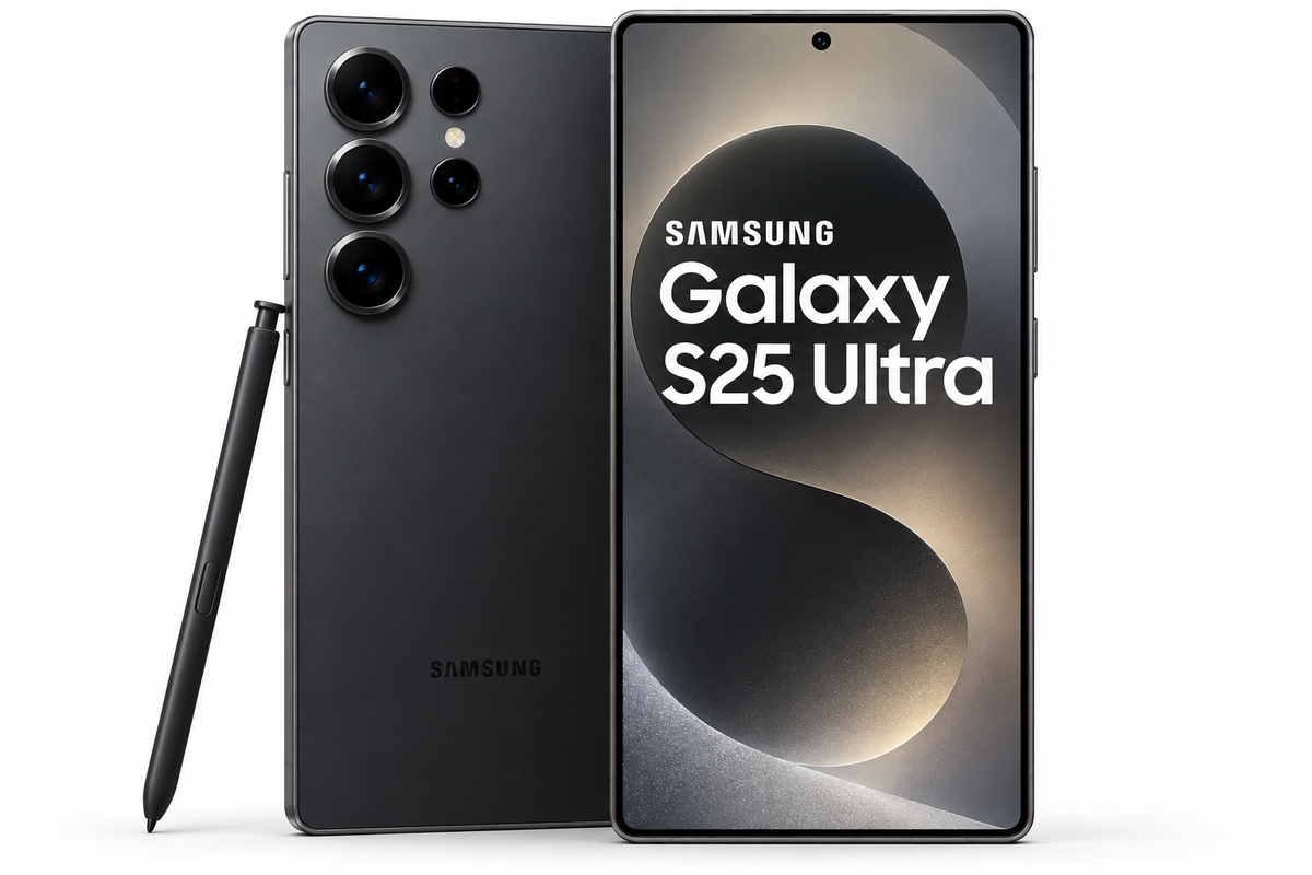 Samsung Galaxy S25 Ultra negro con S Pen, vista frontal y posterior