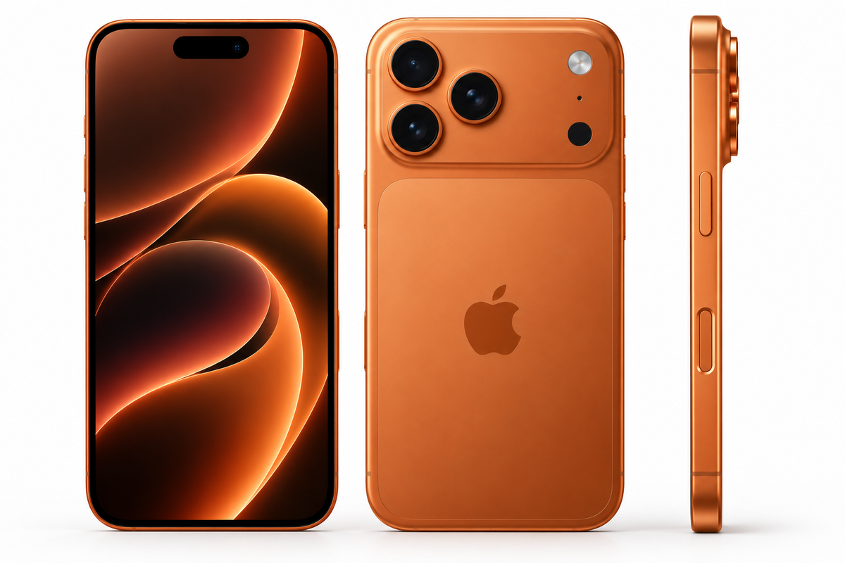 iPhone 17 Pro Max 256 GB Naranja Cósmico vistas frontal, posterior y lateral
