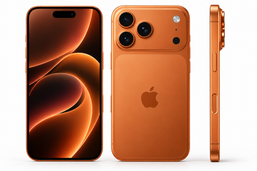 iPhone 17 Pro Max 256 GB Naranja Cósmico vistas frontal, posterior y lateral