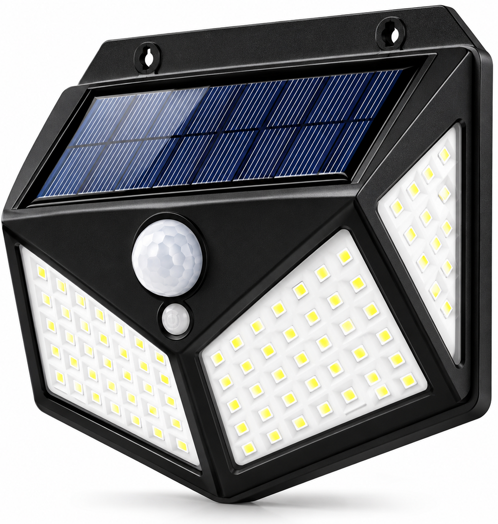 Imagen ilustrativa de lámpara solar LED con sensor de movimiento sobre fondo blanco