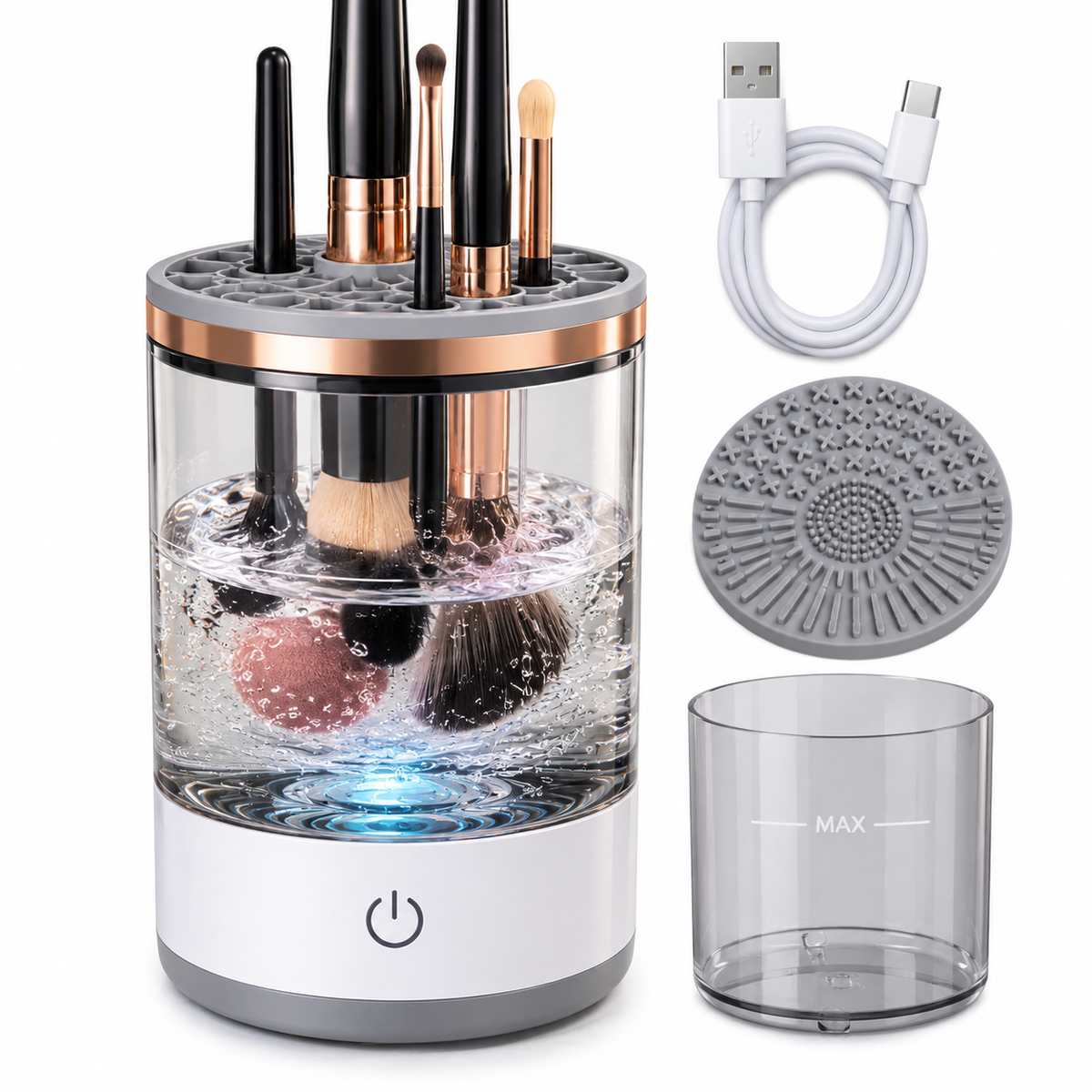 Limpiador eléctrico de brochas de maquillaje, dispositivo cilíndrico transparente con base blanca