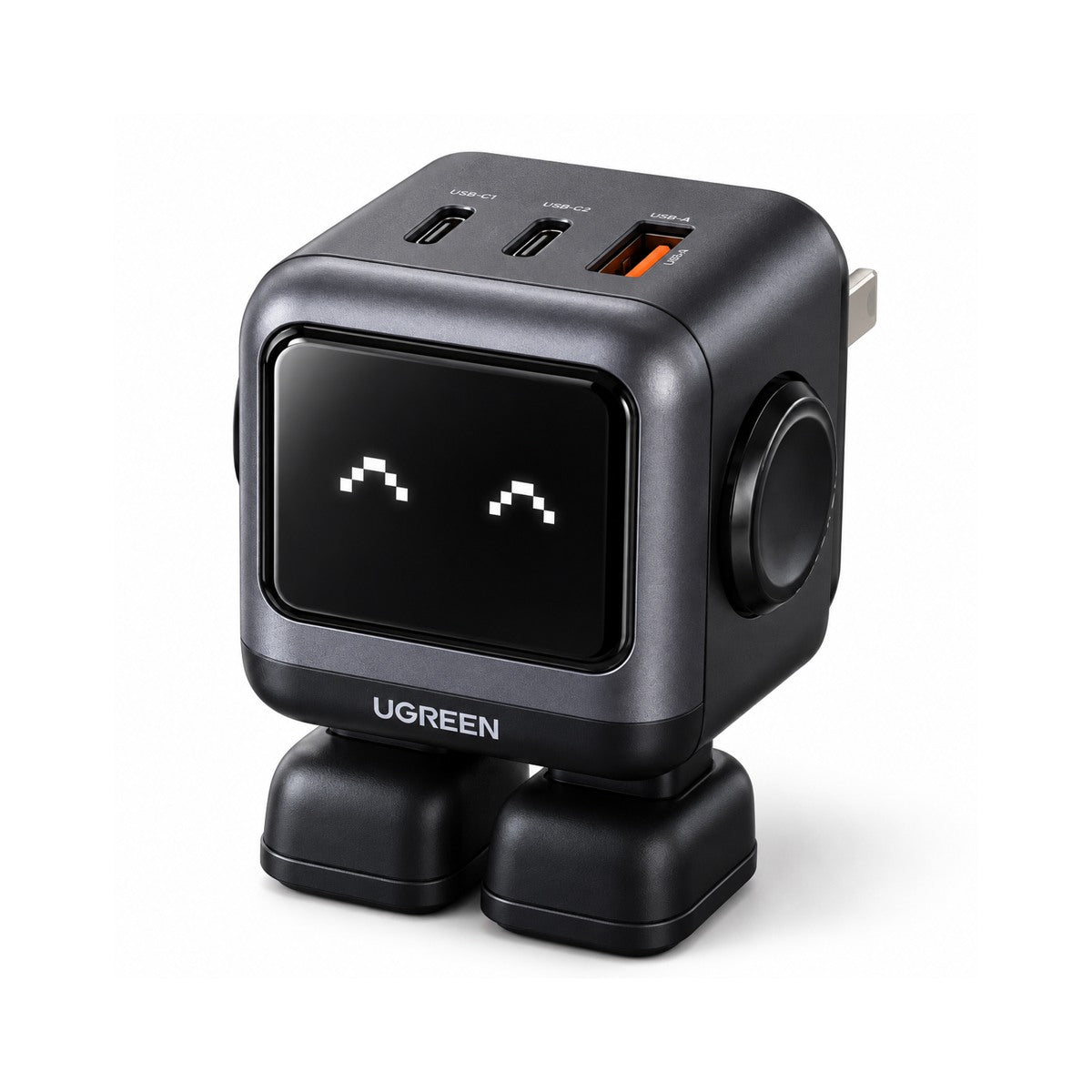 Imagen ilustrativa del cargador UGREEN Nexode Robot 65W GaN negro, fondo blanco, 2 USB-C y 1 USB-A