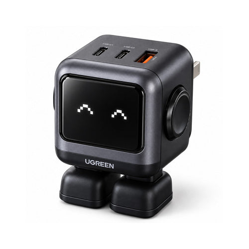 Imagen ilustrativa del cargador UGREEN Nexode Robot 65W GaN negro, fondo blanco, 2 USB-C y 1 USB-A