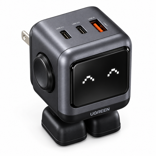 Vista superior ilustrativa del cargador UGREEN Nexode Robot 65W con puertos USB-C y USB-A, fondo blanco